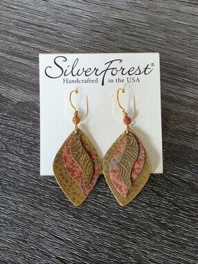 NWT Silver Forest Red & Gold Layered Leaf Dangle Earrings